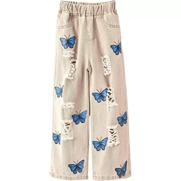 WDIRARA Girl's Butterfly Print Elastic Waist Wide Leg Ripped Jeans Denim Pants