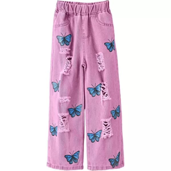 WDIRARA Girl's Butterfly Print Elastic Waist Wide Leg Ripped Jeans Denim Pants