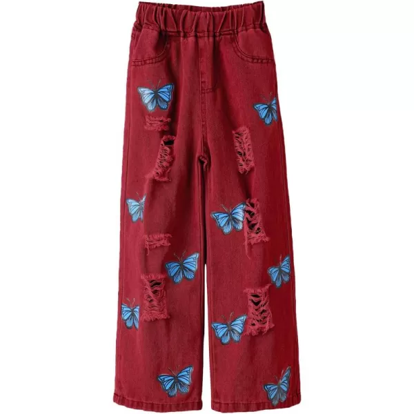 WDIRARA Girl's Butterfly Print Elastic Waist Wide Leg Ripped Jeans Denim Pants