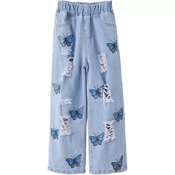 WDIRARA Girl's Butterfly Print Elastic Waist Wide Leg Ripped Jeans Denim Pants