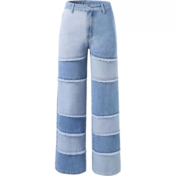 WDIRARA Girl's Colorblock Raw Trim Straight Leg Zipper Button Front Casual Denim Jeans