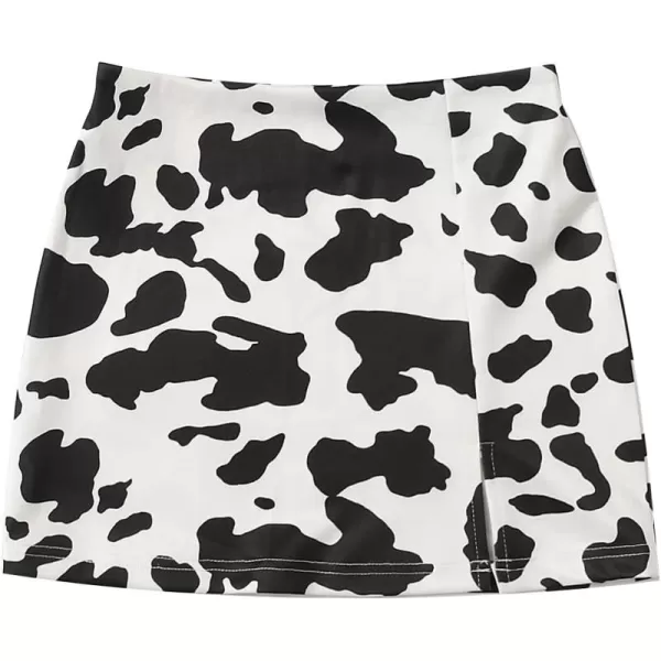 WDIRARA Girl's Cow Print Summer Split Hem High Waist Zipper Casual Mini Short Skirt
