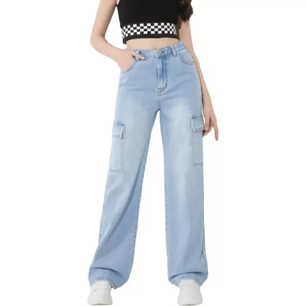 WDIRARA Girl's Flap Pocket Side High Waist Straight Leg Cargo Long Jeans Denim Pants