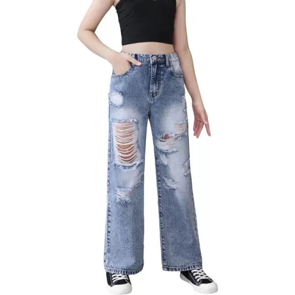 WDIRARA Girl's Flap Pocket Side High Waist Straight Leg Cargo Long Jeans Denim Pants