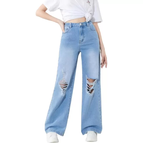 WDIRARA Girl's Flap Pocket Side High Waist Straight Leg Cargo Long Jeans Denim Pants