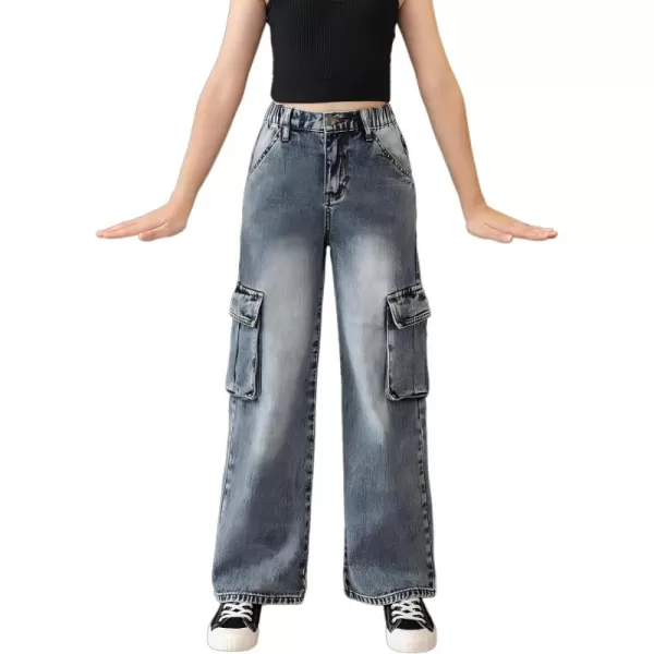 WDIRARA Girl's Flap Pocket Side High Waist Straight Leg Cargo Long Jeans Denim Pants
