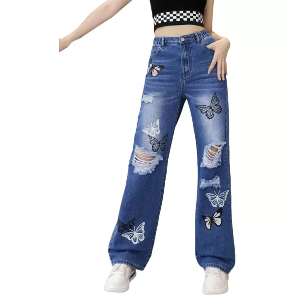 WDIRARA Girl's Flap Pocket Side High Waist Straight Leg Cargo Long Jeans Denim Pants