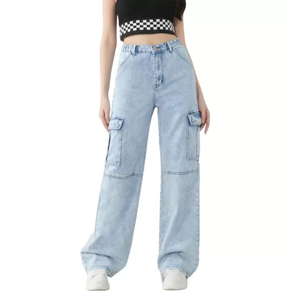 WDIRARA Girl's Flap Pocket Side High Waist Straight Leg Cargo Long Jeans Denim Pants