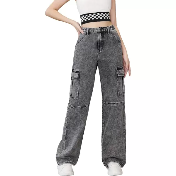 WDIRARA Girl's Flap Pocket Side High Waist Straight Leg Cargo Long Jeans Denim Pants