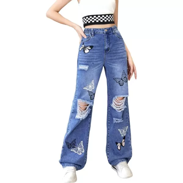 WDIRARA Girl's Flap Pocket Side High Waist Straight Leg Cargo Long Jeans Denim Pants