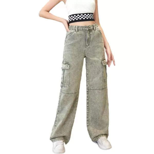 WDIRARA Girl's Flap Pocket Side High Waist Straight Leg Cargo Long Jeans Denim Pants