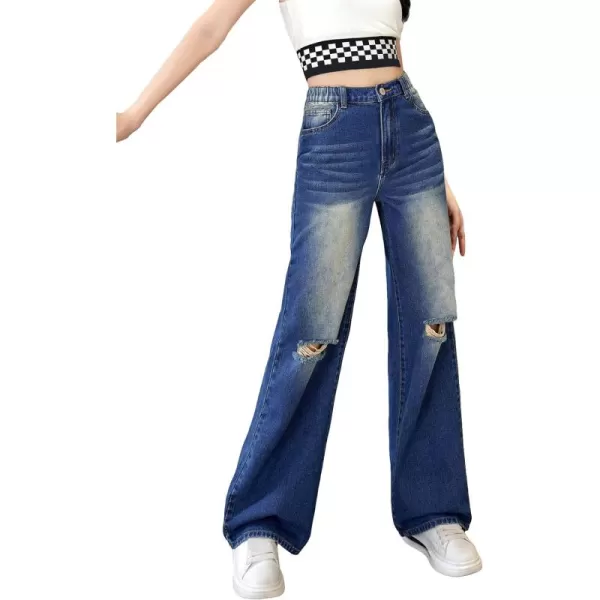WDIRARA Girl's Flap Pocket Side High Waist Straight Leg Cargo Long Jeans Denim Pants