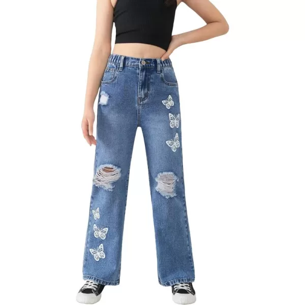 WDIRARA Girl's Flap Pocket Side High Waist Straight Leg Cargo Long Jeans Denim Pants