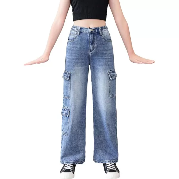 WDIRARA Girl's Flap Pocket Side High Waist Straight Leg Cargo Long Jeans Denim Pants