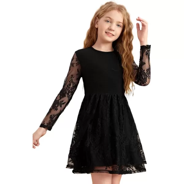 WDIRARA Girl's Floral Lace Panel Long Mesh Sleeve Round Neck Keyhole Back Formal Flared A Line Short Dress