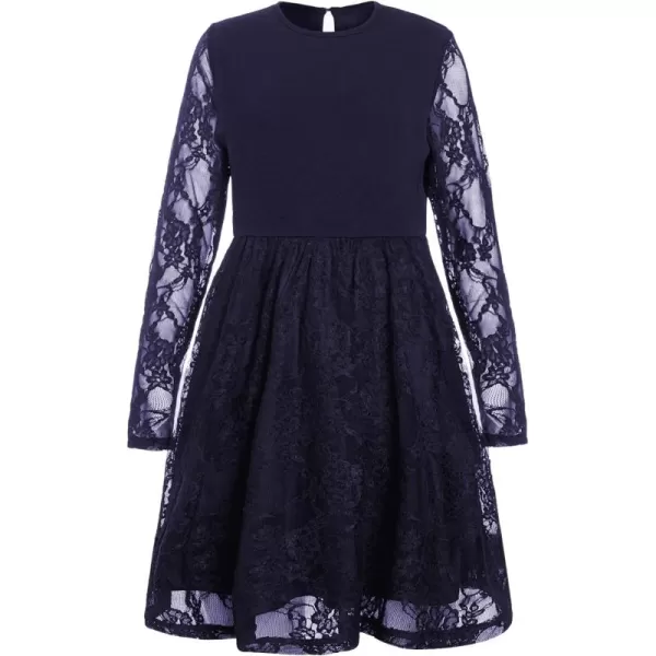 WDIRARA Girl's Floral Lace Panel Long Mesh Sleeve Round Neck Keyhole Back Formal Flared A Line Short Dress