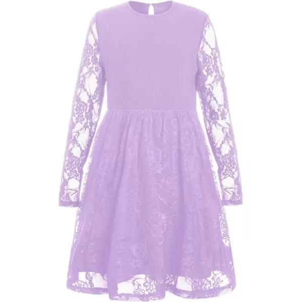 WDIRARA Girl's Floral Lace Panel Long Mesh Sleeve Round Neck Keyhole Back Formal Flared A Line Short Dress