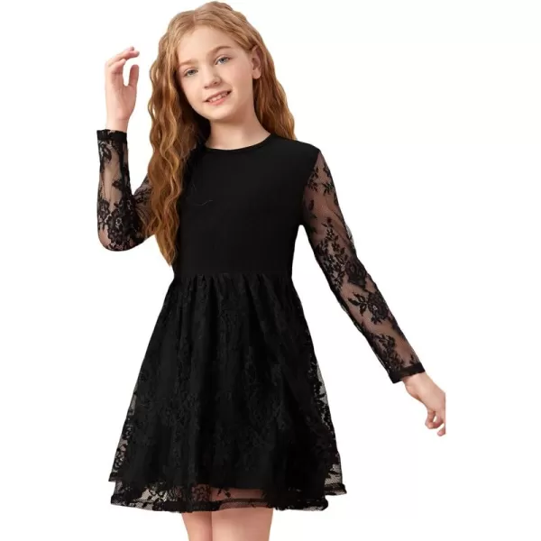WDIRARA Girl's Floral Lace Panel Long Mesh Sleeve Round Neck Keyhole Back Formal Flared A Line Short Dress