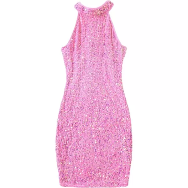 WDIRARA Girl's Glitter Sequin Beaded Halter Neck Evening Dress Sleeveless Bodycon Party Mini Pencil Dresses