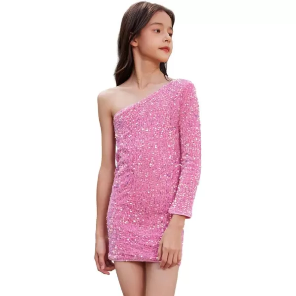 WDIRARA Girl's Glitter Sequin One Shoulder Party Dress Long Sleeve Bodycon Mini Pencil Dresses