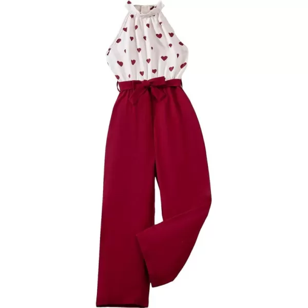 WDIRARA Girl's Heart Print Halter Neck Sleeveless Belted Wide Leg Jumpsuit Pants