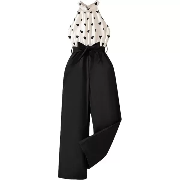 WDIRARA Girl's Heart Print Halter Neck Sleeveless Belted Wide Leg Jumpsuit Pants