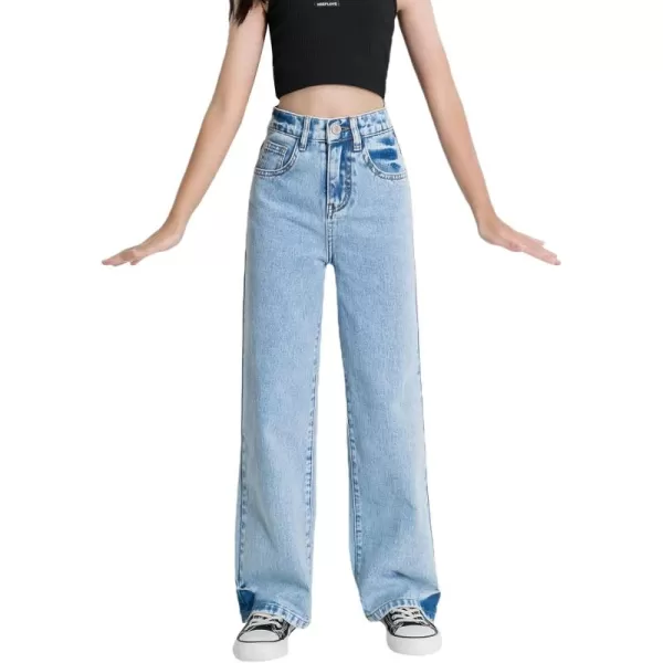 WDIRARA Girl's High Waisted Straight Leg Button Jeans Casual Pocket Denim Pants