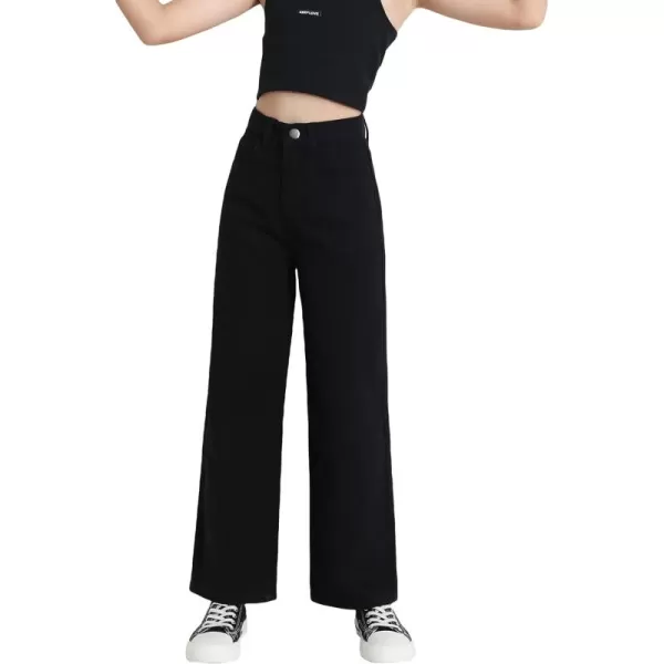 WDIRARA Girl's High Waisted Straight Leg Button Jeans Casual Pocket Denim Pants