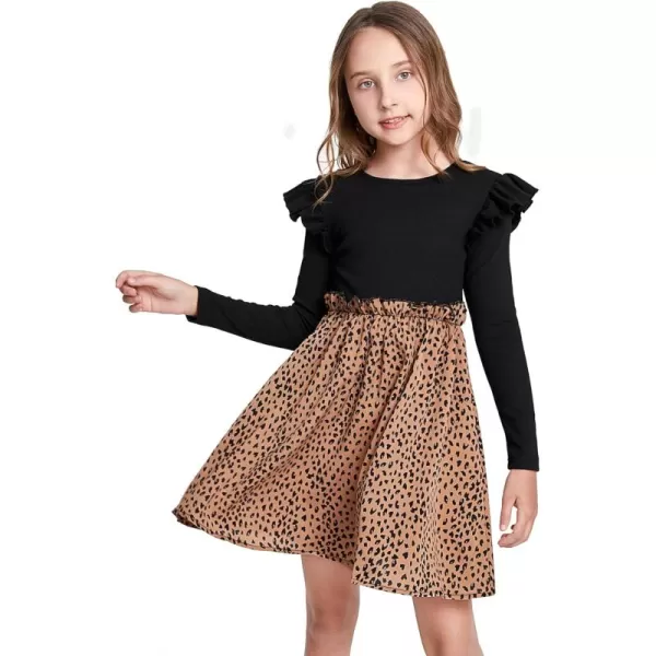 WDIRARA Girl's Leopard Print Ruffle Trim Long Sleeve Round Neck Flared Dress