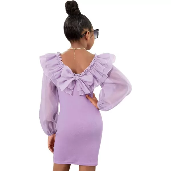 WDIRARA Girl's Mesh Ruffle Trim Layered Tie Back Lantern Sleeve Pencil Mini Dress