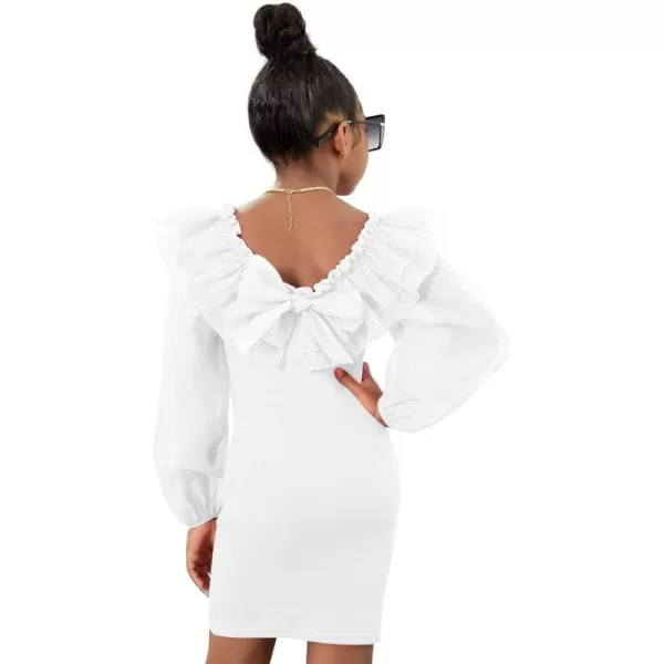 WDIRARA Girl's Mesh Ruffle Trim Layered Tie Back Lantern Sleeve Pencil Mini Dress