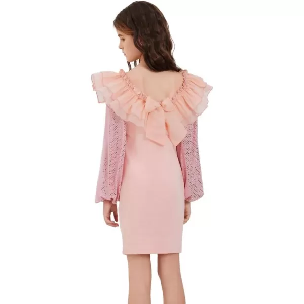 WDIRARA Girl's Mesh Ruffle Trim Layered Tie Back Lantern Sleeve Pencil Mini Dress