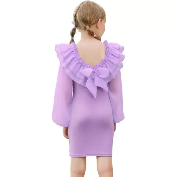 WDIRARA Girl's Mesh Ruffle Trim Layered Tie Back Lantern Sleeve Pencil Mini Dress