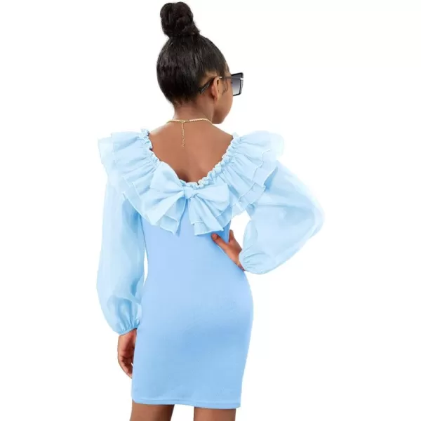 WDIRARA Girl's Mesh Ruffle Trim Layered Tie Back Lantern Sleeve Pencil Mini Dress