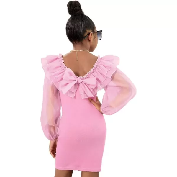 WDIRARA Girl's Mesh Ruffle Trim Layered Tie Back Lantern Sleeve Pencil Mini Dress