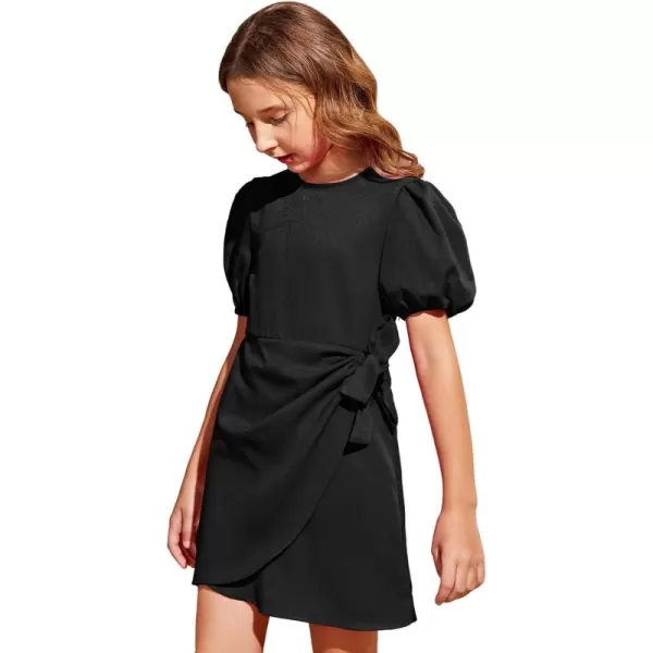 WDIRARA Girl's Puff Sleeve Tie Side Wrap Dress Short Sleeve Round Neck Dresses