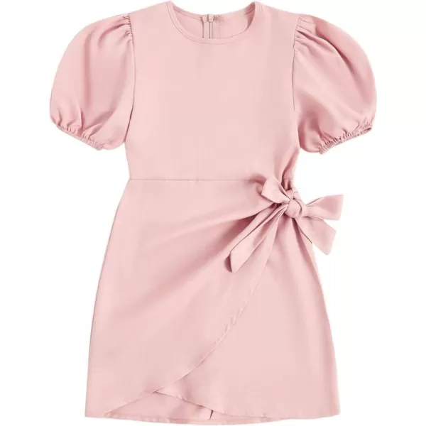 WDIRARA Girl's Puff Sleeve Tie Side Wrap Dress Short Sleeve Round Neck Dresses