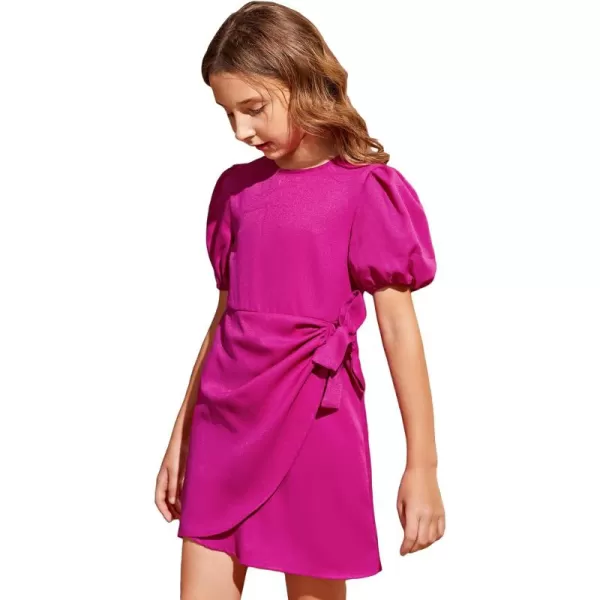 WDIRARA Girl's Puff Sleeve Tie Side Wrap Dress Short Sleeve Round Neck Dresses