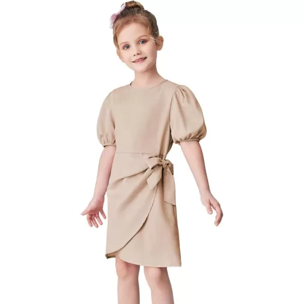 WDIRARA Girl's Puff Sleeve Tie Side Wrap Dress Short Sleeve Round Neck Dresses