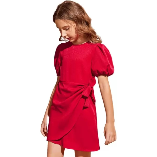 WDIRARA Girl's Puff Sleeve Tie Side Wrap Dress Short Sleeve Round Neck Dresses