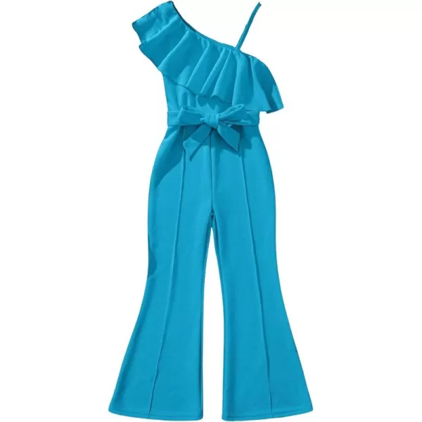 WDIRARA Girl's Ruffle Trim Asymmetrical Neck Sleeveless Belted Flare Leg Romper Cute Long Jumpsuit