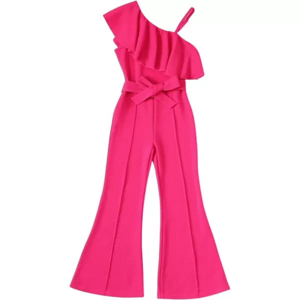 WDIRARA Girl's Ruffle Trim Asymmetrical Neck Sleeveless Belted Flare Leg Romper Cute Long Jumpsuit