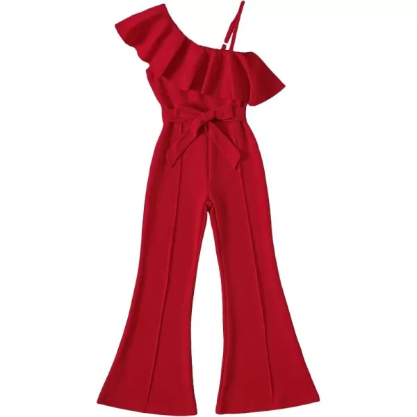 WDIRARA Girl's Ruffle Trim Asymmetrical Neck Sleeveless Belted Flare Leg Romper Cute Long Jumpsuit