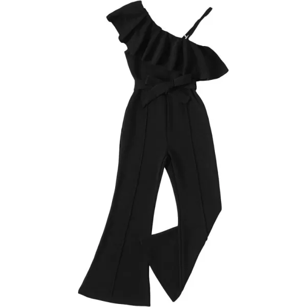 WDIRARA Girl's Ruffle Trim Asymmetrical Neck Sleeveless Belted Flare Leg Romper Cute Long Jumpsuit