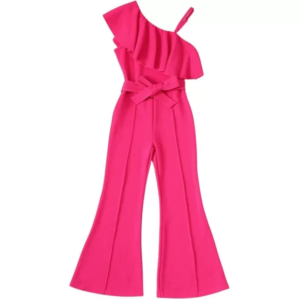 WDIRARA Girl's Ruffle Trim Asymmetrical Neck Sleeveless Belted Flare Leg Romper Cute Long Jumpsuit