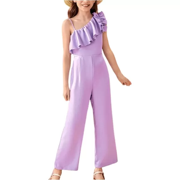WDIRARA Girl's Ruffle Trim Asymmetrical Neck Sleeveless Belted Flare Leg Romper Cute Long Jumpsuit