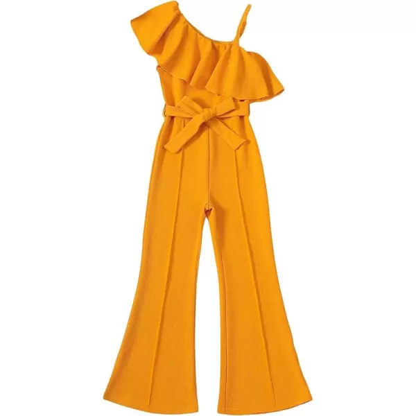 WDIRARA Girl's Ruffle Trim Asymmetrical Neck Sleeveless Belted Flare Leg Romper Cute Long Jumpsuit