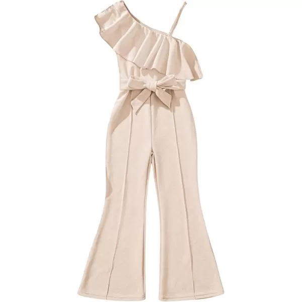 WDIRARA Girl's Ruffle Trim Asymmetrical Neck Sleeveless Belted Flare Leg Romper Cute Long Jumpsuit