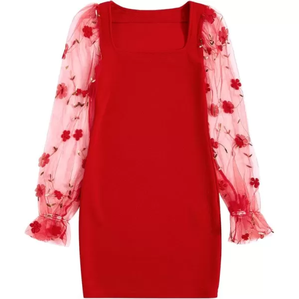 WDIRARA Girl's Sheer Mesh Flounce Long Sleeve Appliques Square Neck Dress