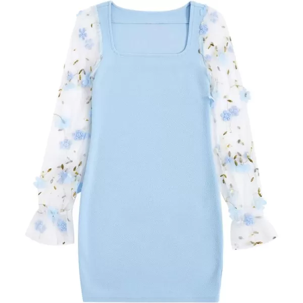WDIRARA Girl's Sheer Mesh Flounce Long Sleeve Appliques Square Neck Dress